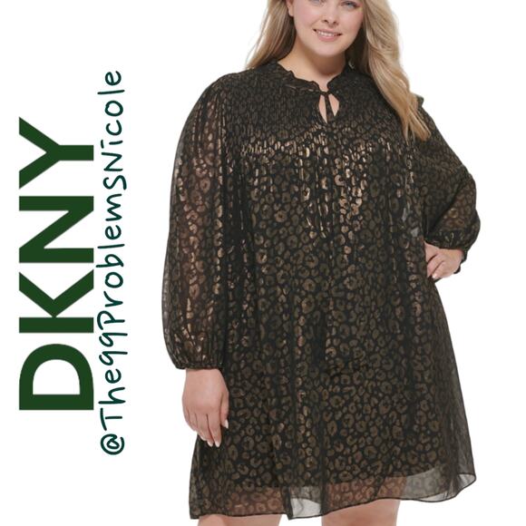DKNY Leopard Print Tie Neck Pleated Dress - Picture 1 of 8